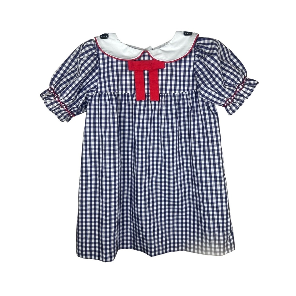 The Beaufort Bonnet Company Blue Gingham Dress Red Bow Peter Pan Collar EUC 2T
